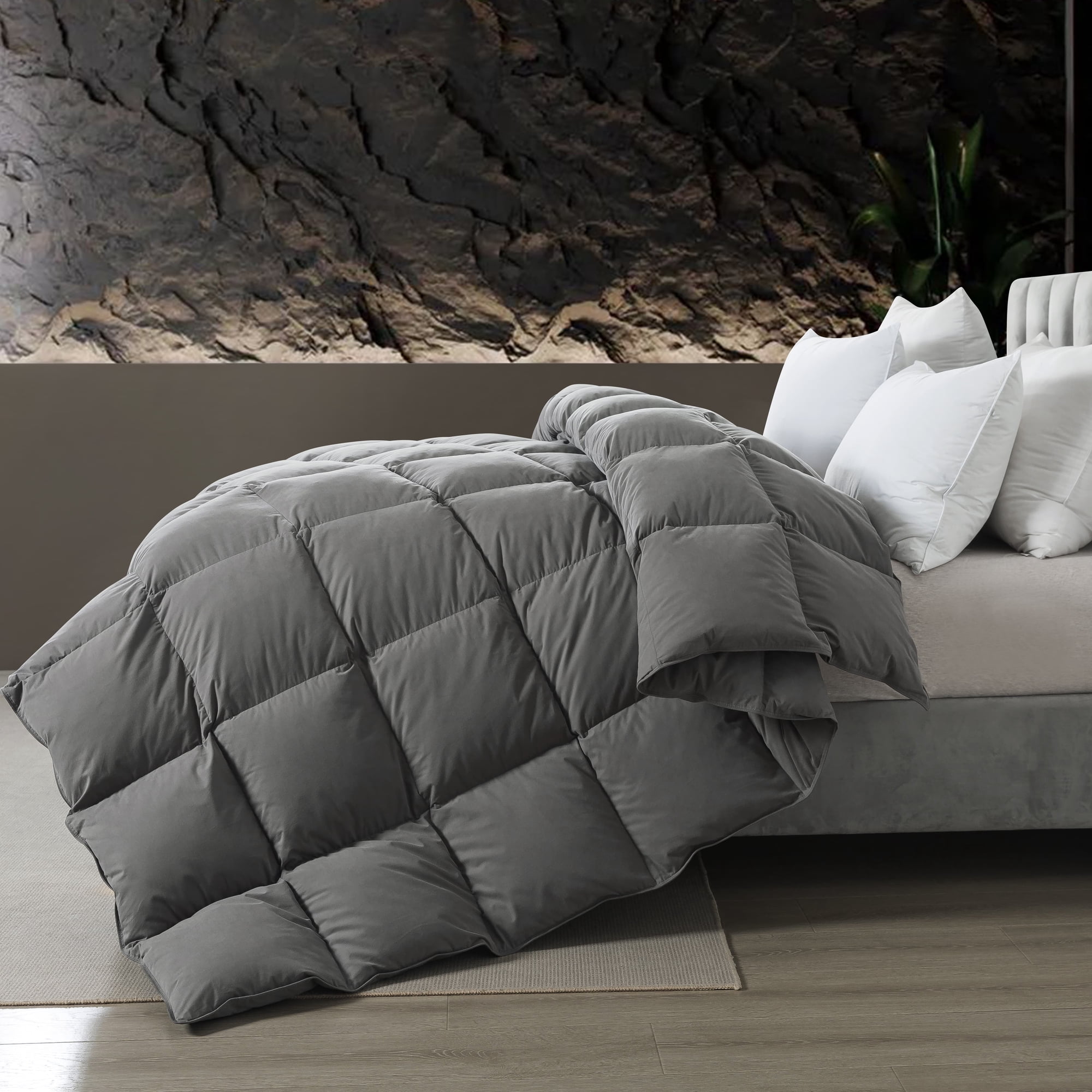 BedTreat Goose Feather Down Comforter King Size, Luxury Hotel Bedding Comforter All Season Duvet Insert, Medium Warmth 100% Cotton Gray Cover with Corner Tabs（106x90 inch）
