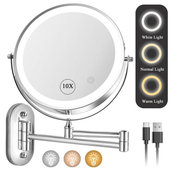 JUUTREN Bathroom Vanity Mirror with Lights, 8" Double Sided 1X/10X Magnifying, 3 Colors Brightness Adjustable Makeup Mirror, 360°Rotation Extendable Wall Mounted Lighted Makeup Mirror(Chrome)