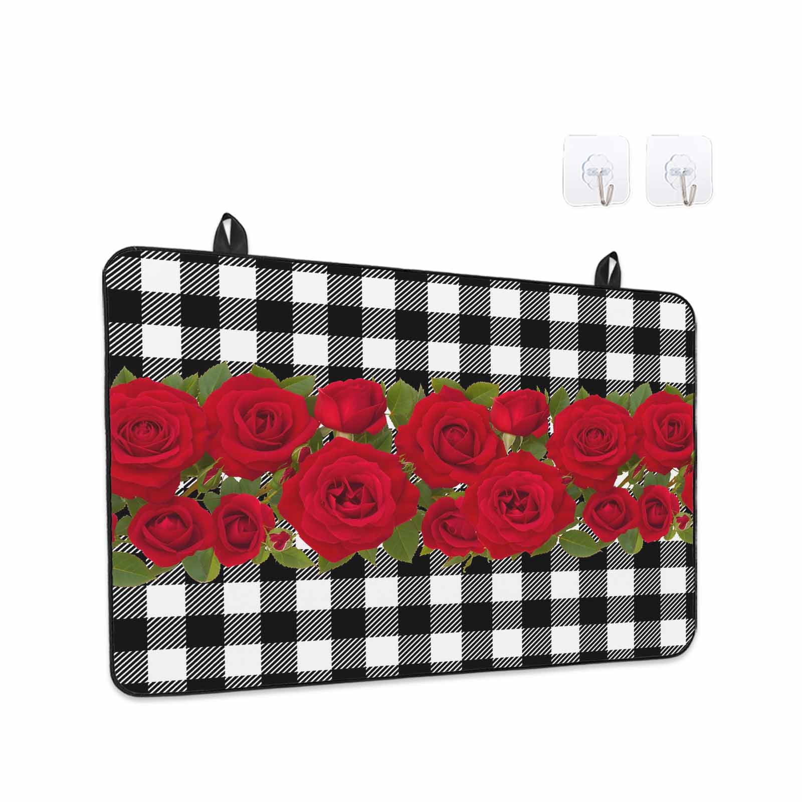 Valentine's Day Stove Top Cover for Electric Stove, Heat-proof & Non Slip Glass Top Stove Cover Protector, Red Roses Floral Leaves Buffalo Plaid Kitchen Flat Cooktop Rubber Mat 24x21 Inches