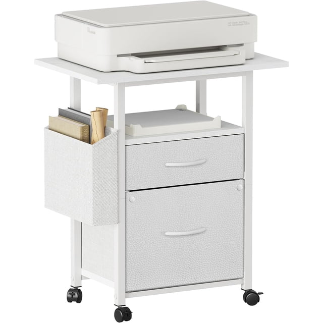 2 Drawer File Cabinet with 24'' Extended Tabletop, Mobile Filing Cabinet, Rolling Vertical File Cabinet with Storage Bag, Printer Stand Fits A4/Letter Size, Fabric Drawer, White