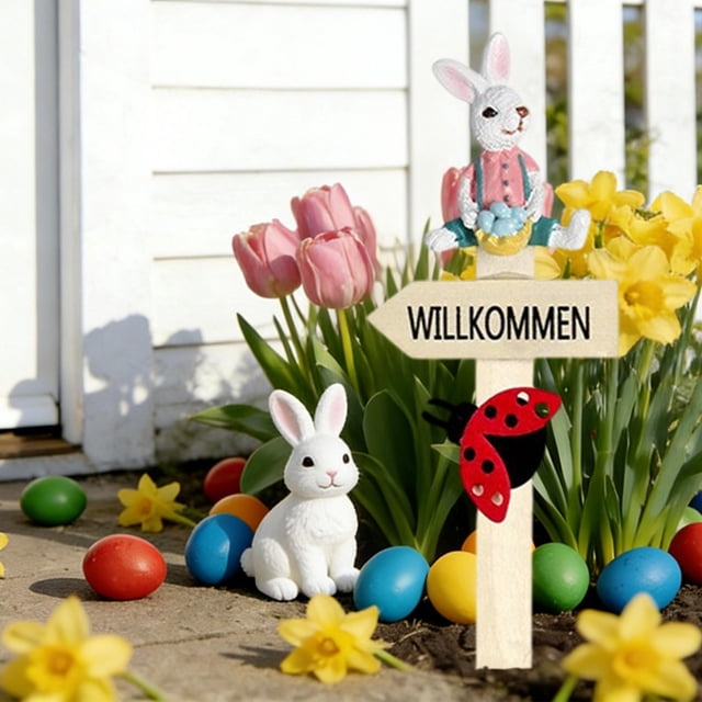 Fwttom Easter Decorations Easter Decoration Resin Rabbits Wooden Welcome Plaques Home Garden Pottery Decoration