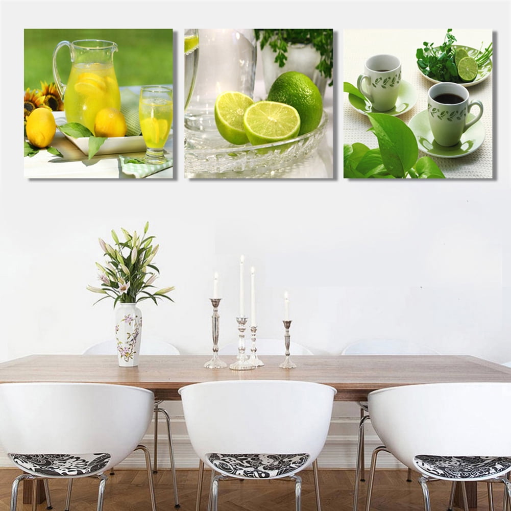 Yirtree 3 Piece Wall Art Slice of Lemon Isolated Light Grey Canvas Painting Print Fruit Picture Lemon and Ice Cubes Poster Artwork for Living Room Kitchen Home Decor Ready to Hang