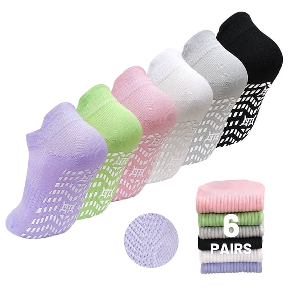 Grip Pilates Socks for Women, PUTUO Non Slip Yoga Sock, Gripper Socks for Athletic Pilates Ballet Workout Hospital, 6 Pairs