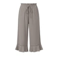 thumbnail image 5 of Linen Pants Women Summer Casual Ruffle Hem Wide Leg Drawstring Elastic Waist Capri Pants with Pockets Beach Vacation Travel Pants L, 5 of 7