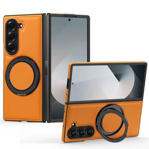 Compatible for Samsung Galaxy Z Fold 7 Stand Case, Slim Shockproof Protective Rotating Magnetic Ring Bracket Classic PU Leather Phone Cover for Samsung Galaxy Z Fold 7, Orange
