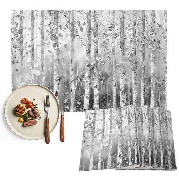 Grey Forest Placemats Set of 4, Modern Oil Painting Art Washable Wipeable Table Mats for Dining Tables, Indoor Outdoor Kitchen Place Mats for Holiday Party Table Decor