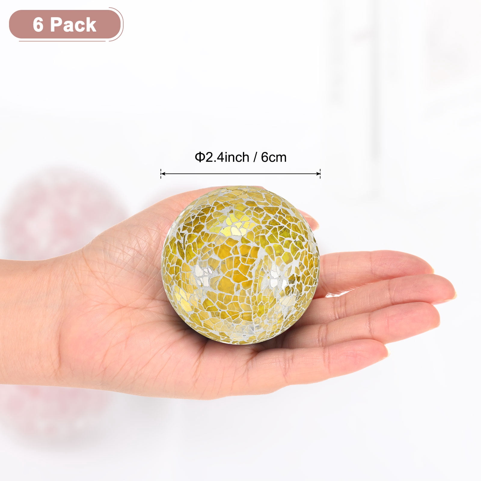 Set Of 6 Gold Mosaic Glass Decorative Orbs - 2.4 Inch Diameter, Bowl & Vase Fillers, Centerpiece Decor