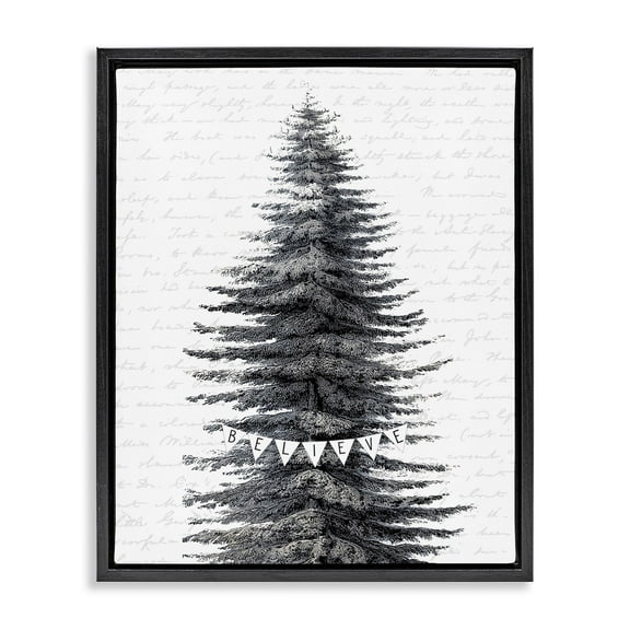 Stupell Industries Snow Covered Christmas Tree Believe Holiday Word Design Jet Black Framed Floating Canvas Wall Art, 16x20, by Lettered and Lined