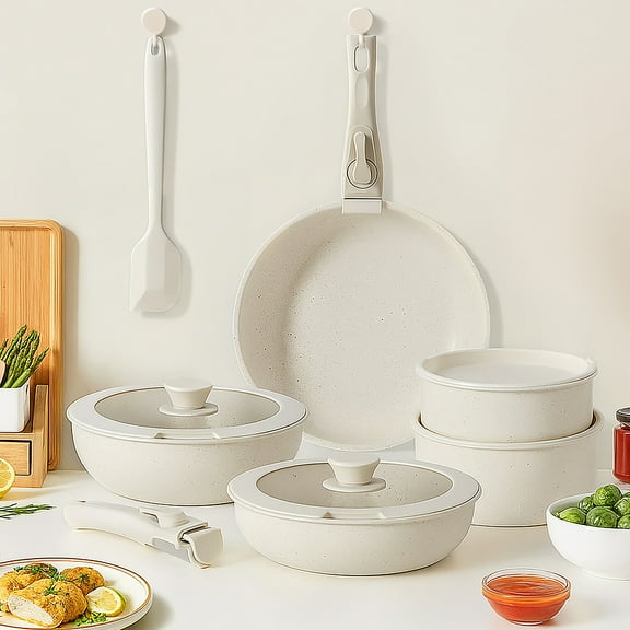 12-Piece Nonstick Pots and Pans Set, Stackable Kitchen Cookware Sets with Removable Handle, Induction Compatible, Beige