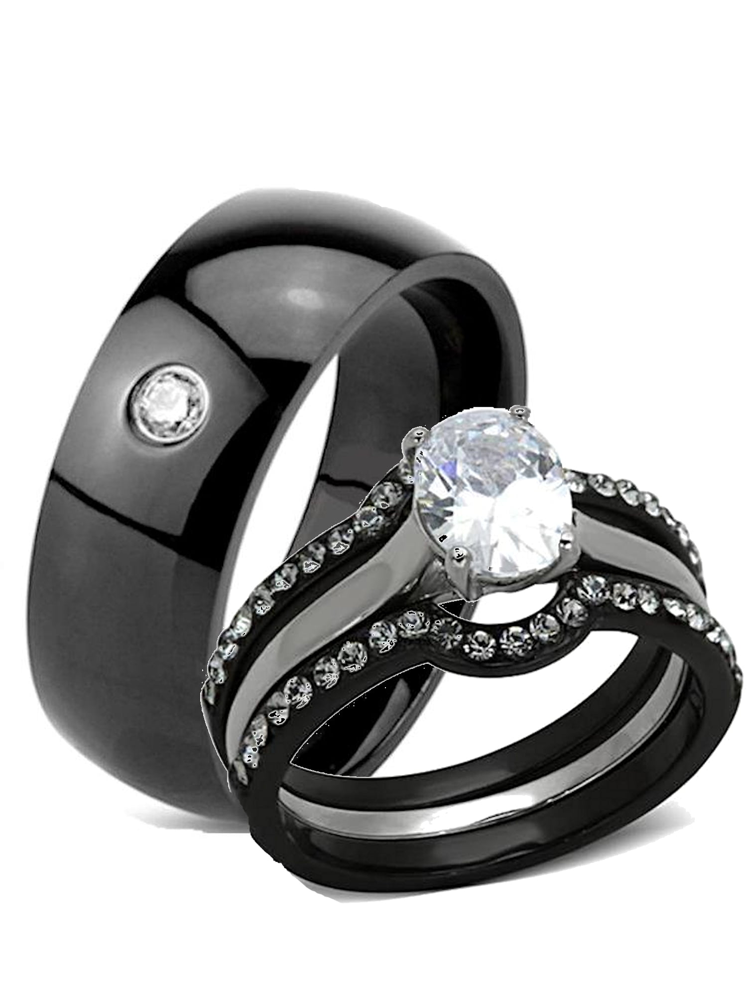 Glittery Black Ion Plated Stainless Steel Zirconia Wedding Band Ring Size 5-13 