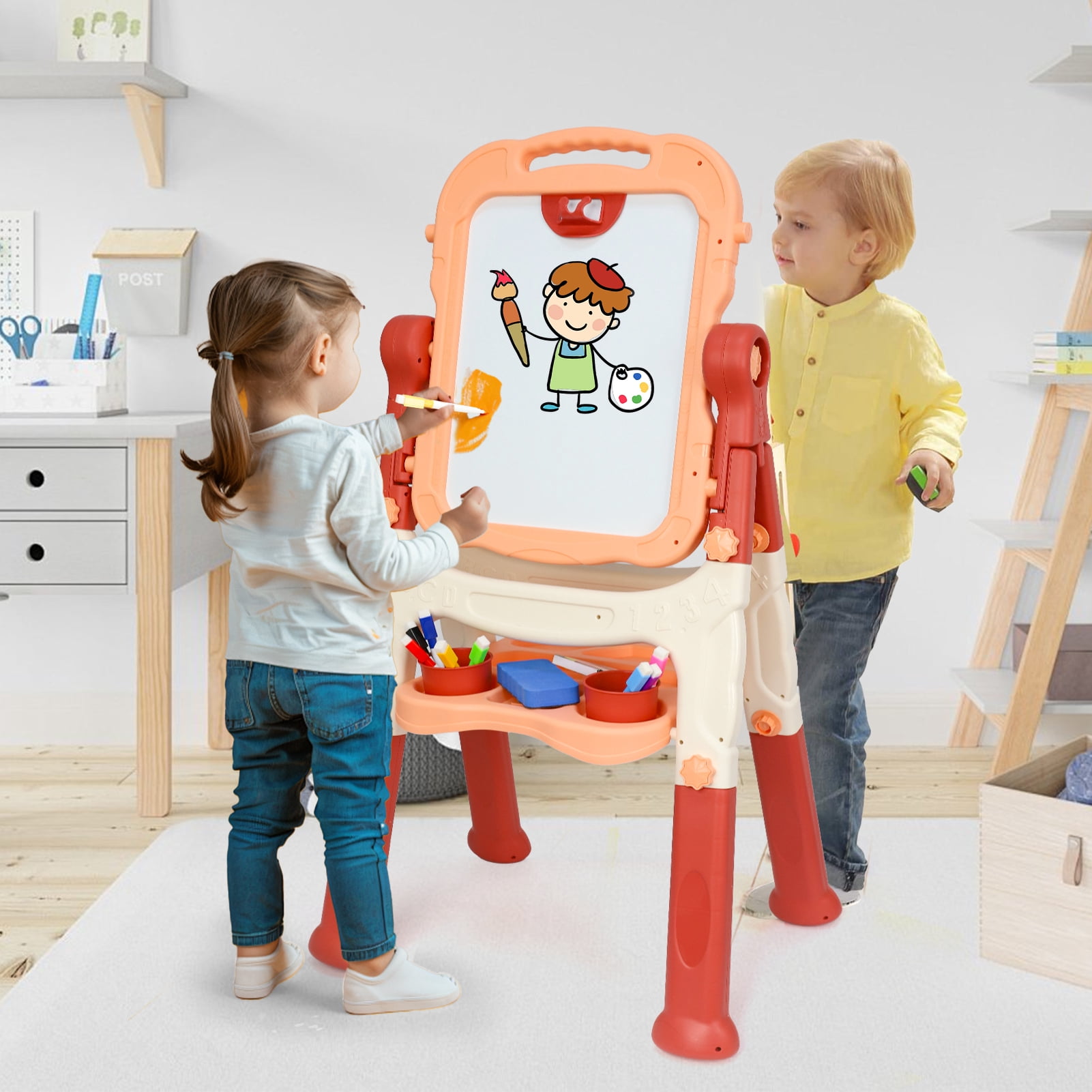 Kids Easel for Toddlers Age 3+, Art Magnetic White Board & Chalkboard Double Side Adjustable Stand, Drawing Writing Learning Educational Toy for 3 4 5 Year Boys Girl Birthday Gifts, Pink