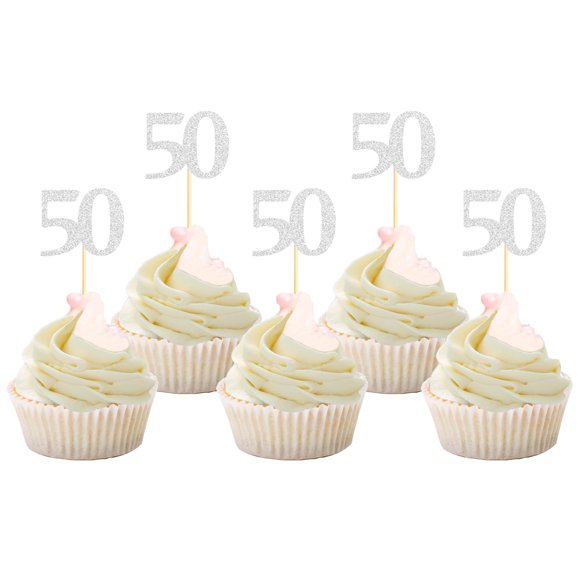 Cupcake Toppers Sotpot Happy 50th Birthday, paquete de 30 unidades, plateadas