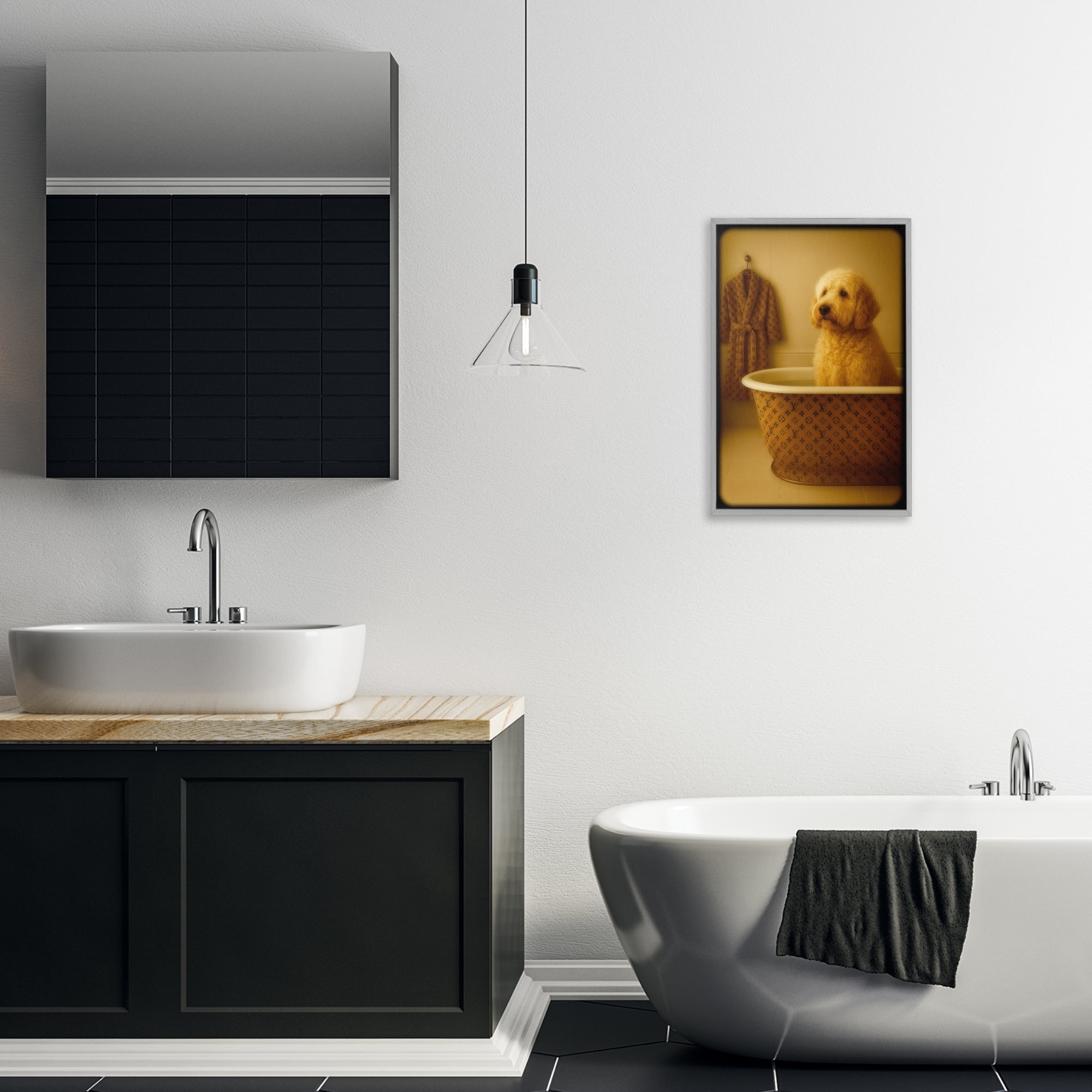 Stupell Industries Couture Dog in Luxury Tub Gray Framed Giclee Art, design by Grotto Studios