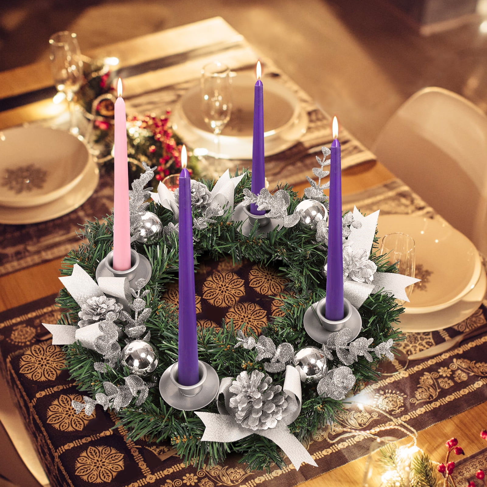 Usmixi Under 5 Dollars Christmas Wreath, Purple Ribbon Advent Candle Holder  Christmas Advent Centerpiece for Home Church