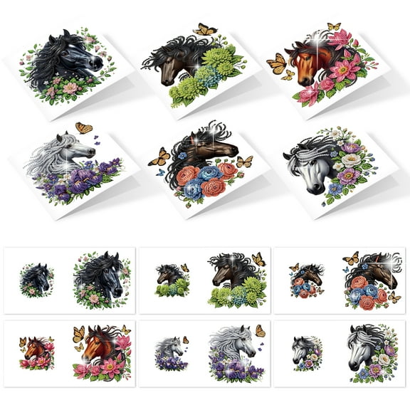 6pcs Diamond Painting Kit Greeting Cards, Floral Horse Design 5D Handmade Art Birthday Holiday Cards with Envelopes, Christmas Gift