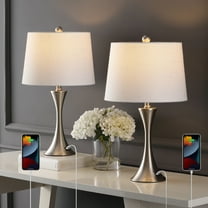 JONATHAN Y Bennett 22.75" Modern Glam Iron Hourglass LED Table Lamp with USB Charging Port, Nickel (Set of 2), JYL6621B-SET2