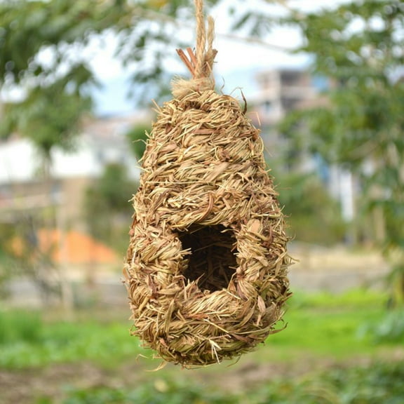 Water Drop Shape Bird's Nest Natural Fiber Grass Bird House, Handmade Woven Hummingbird Hut, Hanging Birdhouse Outside for Birds to Rest A2 (7.9x3.9inch)