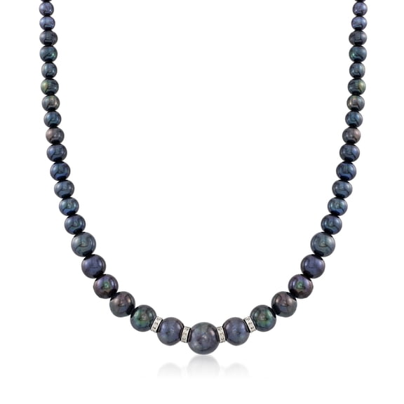 Ross-Simons 5-11.5mm Graduated Black Cultured Pearl Necklace With .24 ct. t.w. Diamonds and Sterling Silver, Women's, Adult