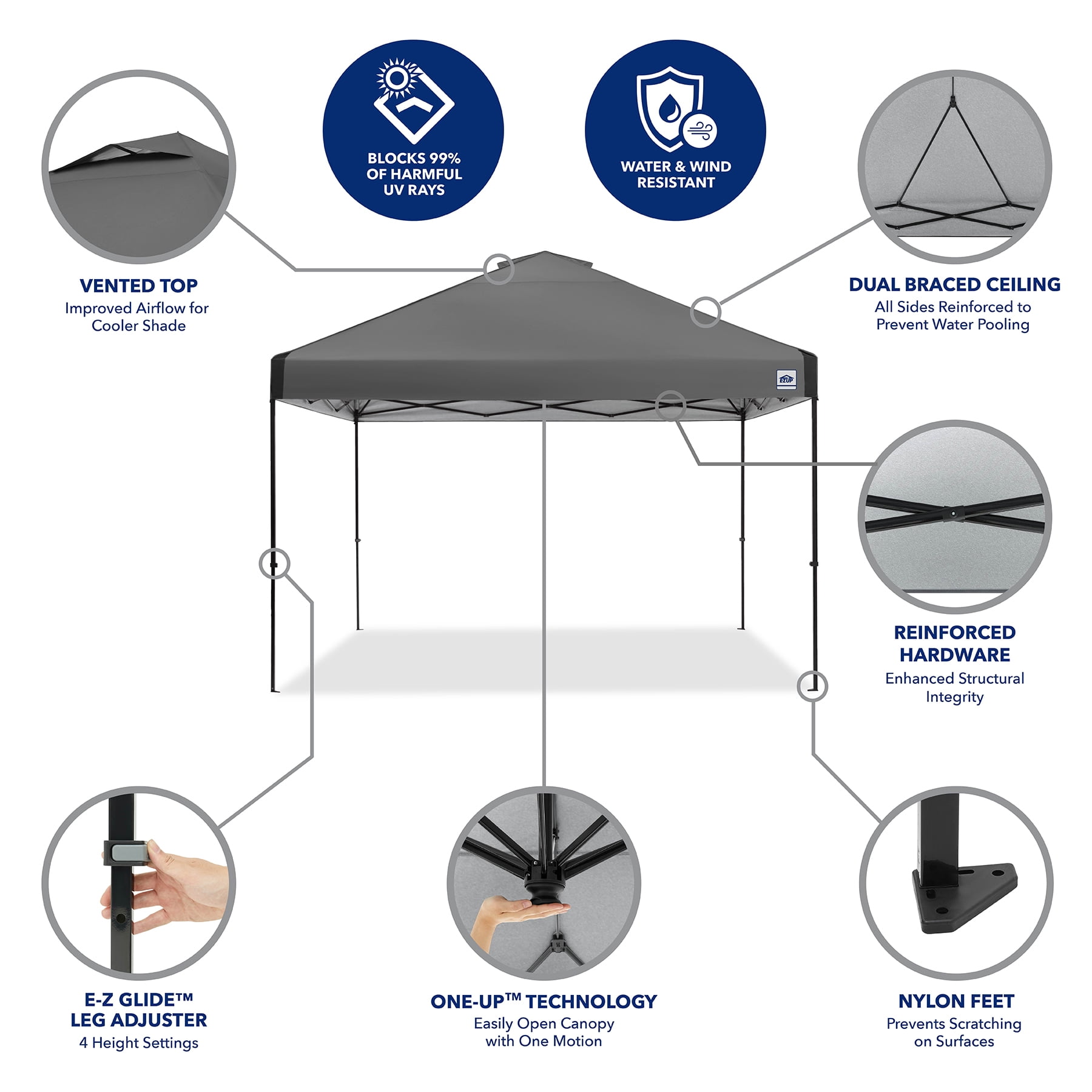 E-Z UP 12x12 Instant Canopy ONE-UP Vented Pop Up Tent, 144 Sq Ft Large Outdoor Shade Shelter with Roller Bag, Gray