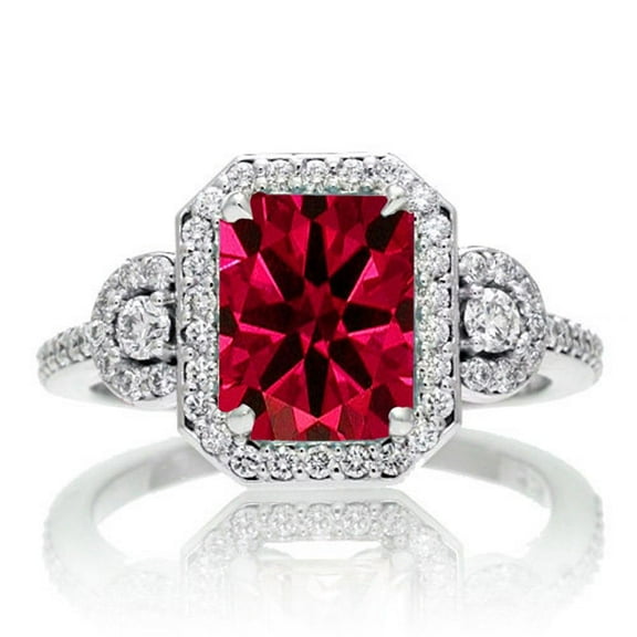 2 Carat 7mm Emerald Cut Red Ruby Halo Moissanite Diamond Ring on 10k White Gold