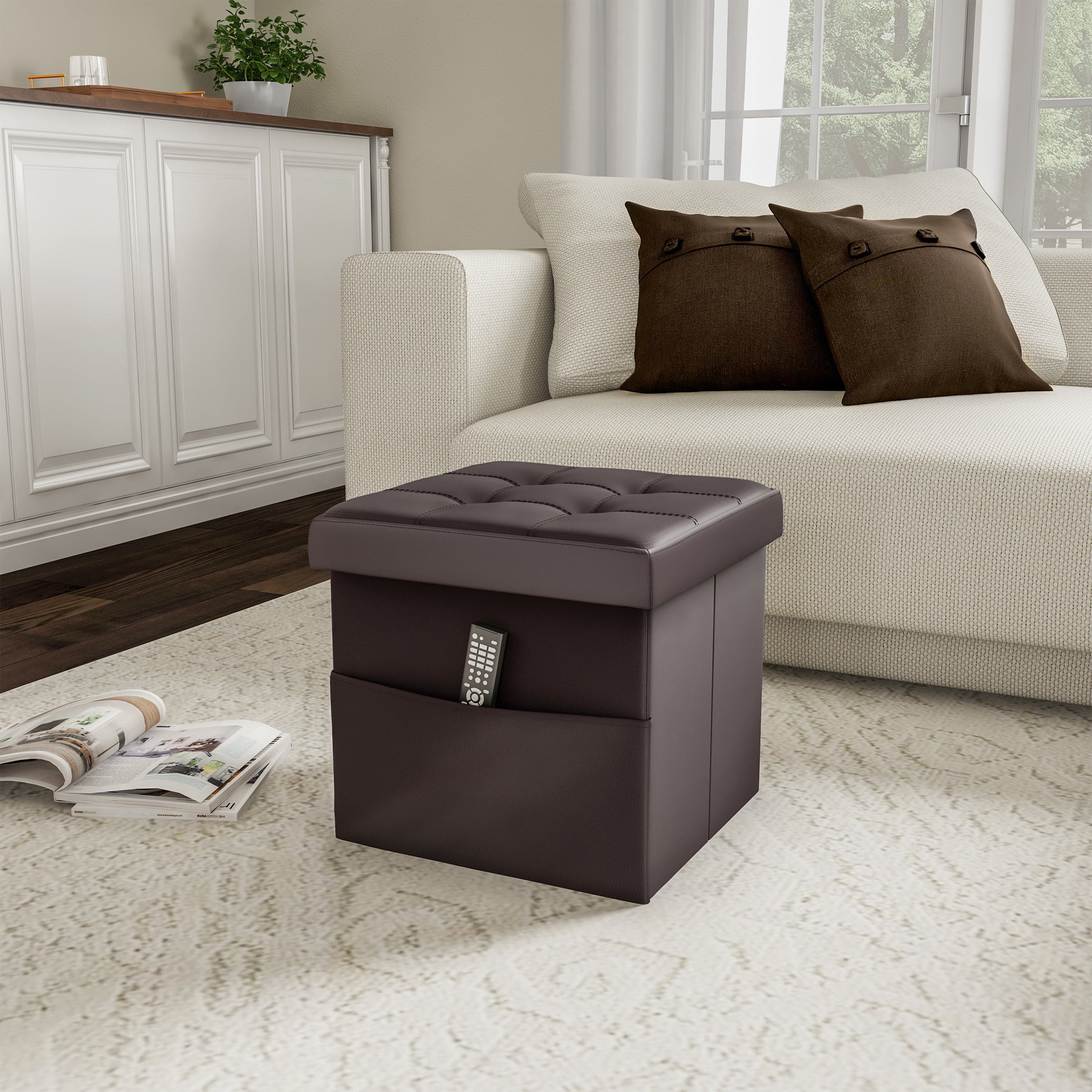 Lavish Home 15-inch Folding Tufted Faux Leather Storage Ottoman with Pocket (Brown)