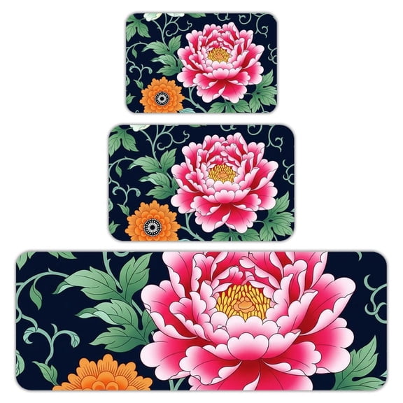 RKSupls Kitchen Rug Set 3 Piece Anti-Slip Flannel Floor Mats, Peony Washable Absorbent Runner Mats for Kitchen Bathroom Home Decor