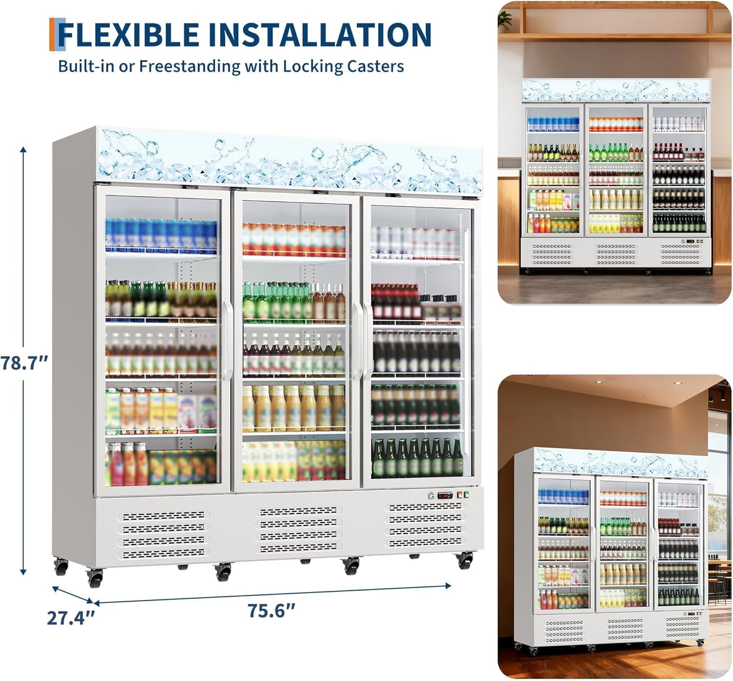 IdealHouse Commercial Refrigerator, Three Glass Door Display Beverage Fridge, 55 Cu ft Upright Beverage Cooler Merchandiser with Soft LED Light, Adjustable Shelves and Swivel Castors, Fast Cooling