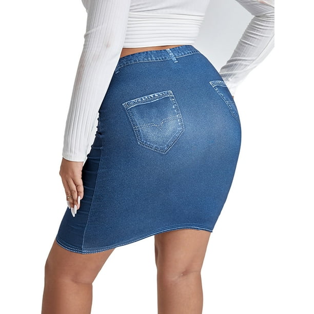 MAWCLOS Ladies Plus Size Short Skirts A Line Faux Denim Jean Skirt