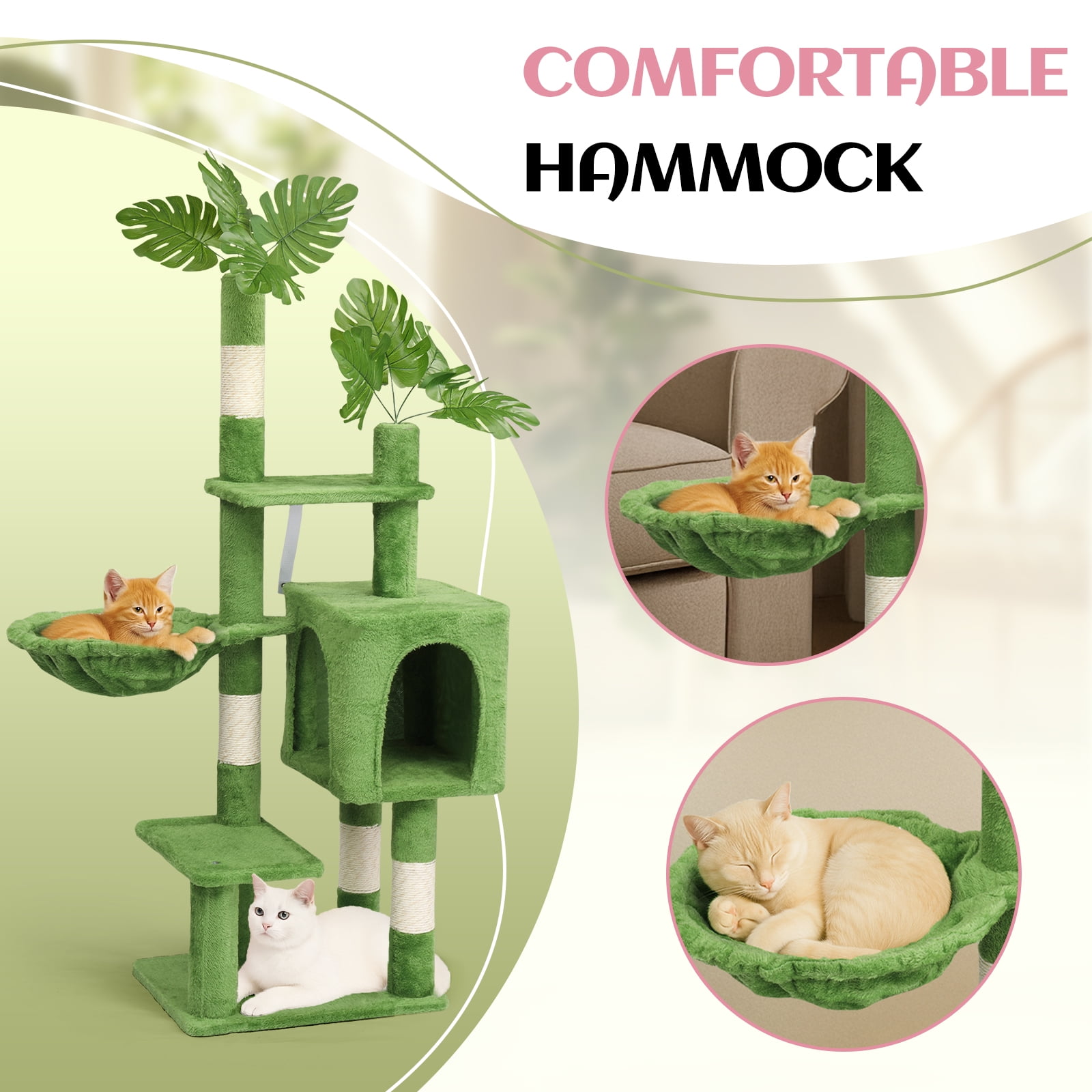 VINGLI Cat Tree, Cat Tower with Leaves, Cat Condo for Indoor Kittens, Cats Activity Center with Cozy Hammock, Sisal Scratching Posts, Green (48 inch)
