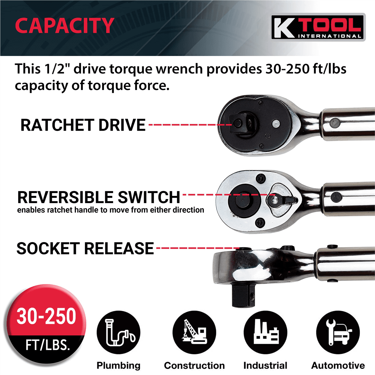K-Tool 72126A 1/2" Drive 24.5" Long Adj Torque Wrench 30-250 ft/lb Capacity