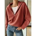 thumbnail image 4 of Womens Quarter Zip Pullover V Neck Collar Long Sleeve Ribbed Knit Loose Casual Winter Fall Sweater Copper Red L, 4 of 9