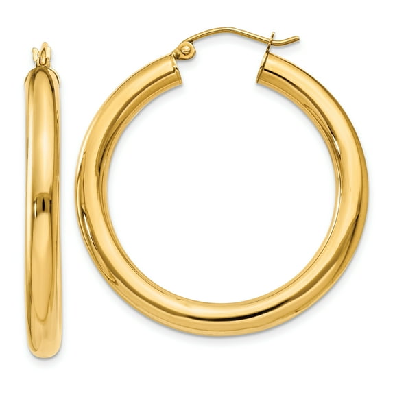 10k Yellow Gold Polished 4mm Thick x 35mm Length MediumTube Hoop Earrings