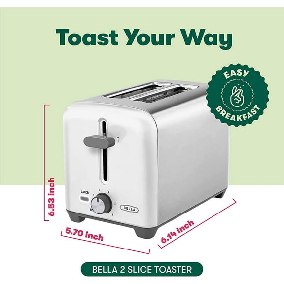 BELLA 2 Slice Toaster, Quick & Even Results Every Time, Wide Slots Fit Any Size Bread Like Bagels or Texas Toast, Drop-Down Crumb Tray for Easy Clean Up, Stainless Steel and White 2 Slice Stainless Steel and White