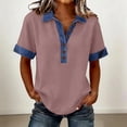 thumbnail image 2 of Women's Classic Loose Fit Polo Shirts Trendy Short Sleeve Denim Trim Half Button Casual Summer Tops Light pink XXL, 2 of 5