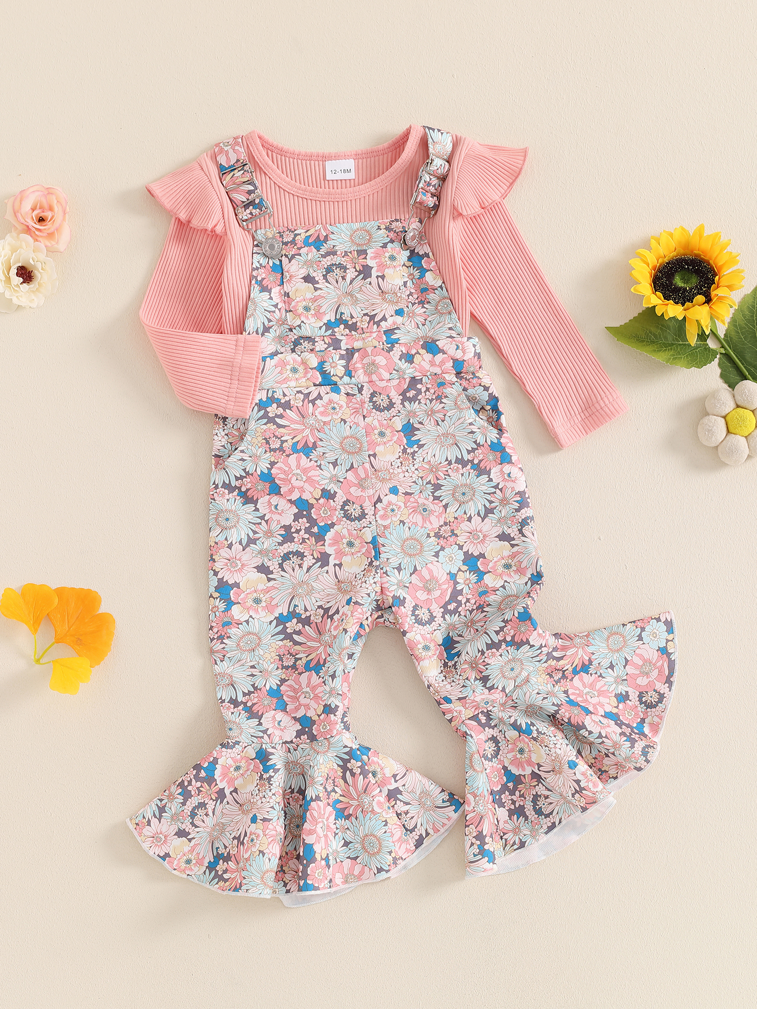 Hirigin Toddler Baby Girl Fall Clothes 1-5 Years Floral Print Overalls Suspender Flare Pants Long Sleeve Ruffle Knit Top 2Pcs Outfits Set