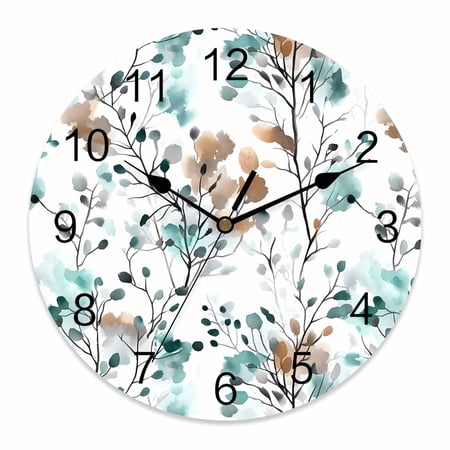 10 Inch Vintage Teal Wall Clock, Brown Wildflowers Leaves Abstract Botanical Battery Operated Silent Non Ticking Clocks, Easy to Read Round Wall Clock for Kitchen/Living Room/Bedroom/Bathroom