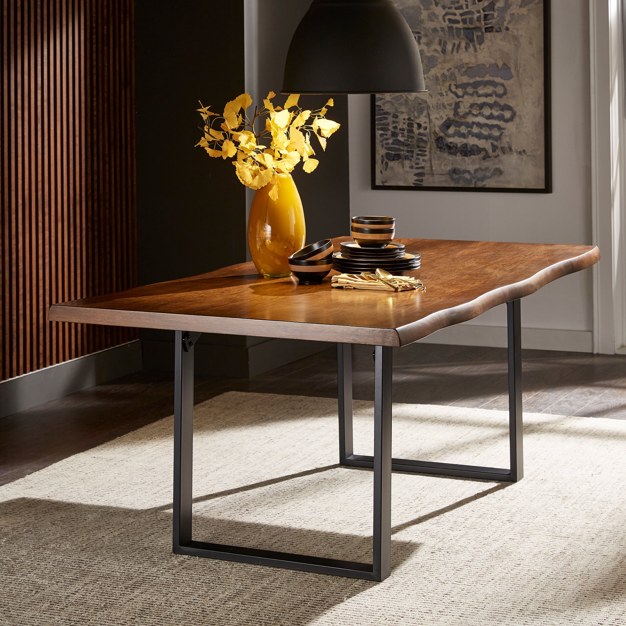 Weston Home 78-inch Rectangle Live Edge Dining Table with Metal Base - Natural Wood Aesthetic