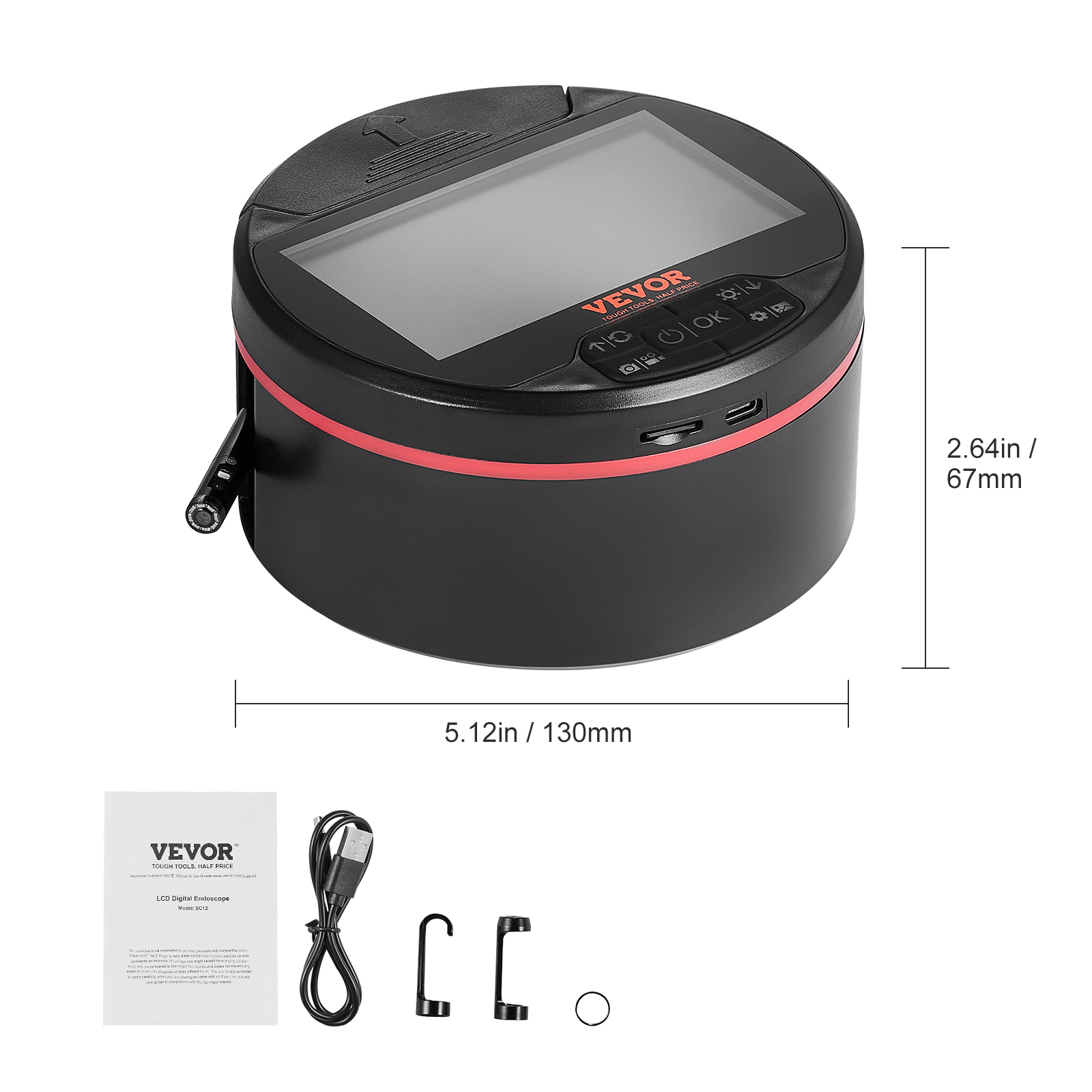 VEVOR Borescope Triple Lens Endoscope Camera with Light, 4.3" IPS Screen Inspection Camera with 8 + 2 Lights, IP67 Waterproof Snake Scope Camera for Automotive, Plumbing (16.4FT Cable, 32GB Card)