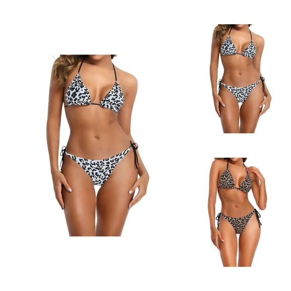 Tummy Control Swimsuits for Women Leopard Print Off Shoulder Bikini Set High Waist Backless Suit