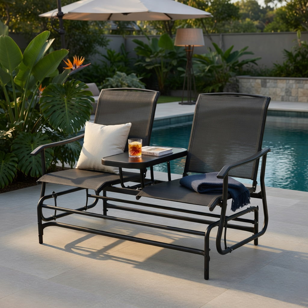 Hommoo 2-Person Outdoor Rocking Loveseat with Tempered Glass Center Table, Steel Frame Patio Seating, Black