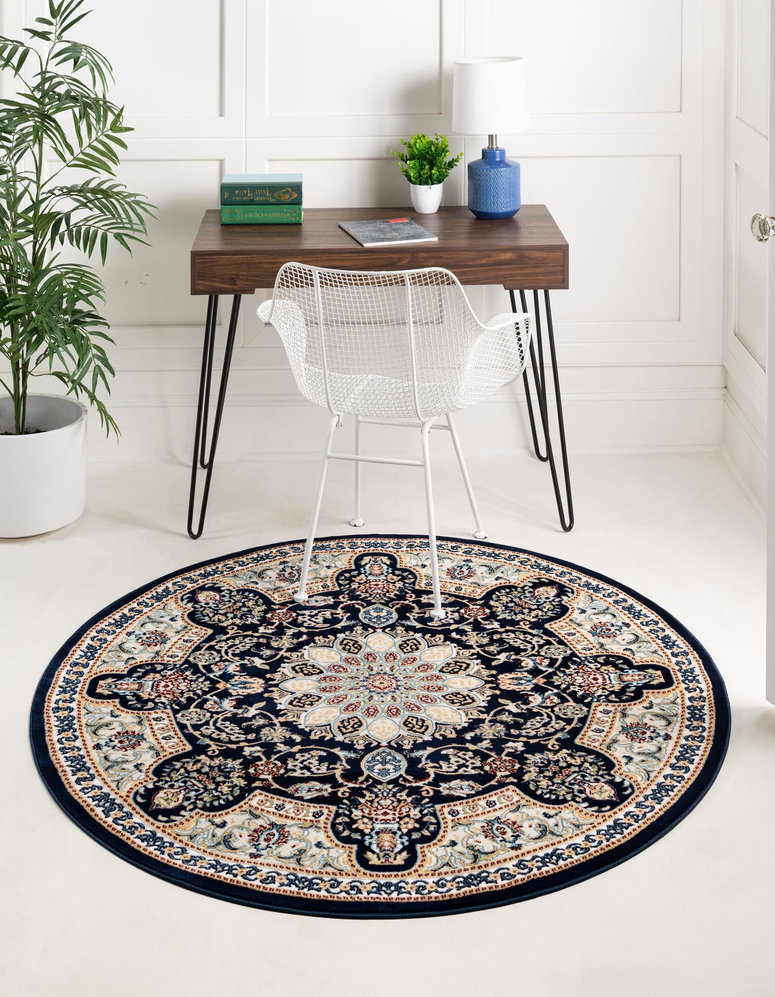 Unique Loom Newcastle Narenj Rug Navy Blue/Beige 5' 1" Round Floral