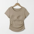 thumbnail image 6 of Fanxing Tops for Women Built in Bra Cozy Scoop Neck Short Sleeve T-Shirts Yoga Workout Tops Khaki,M, 6 of 6