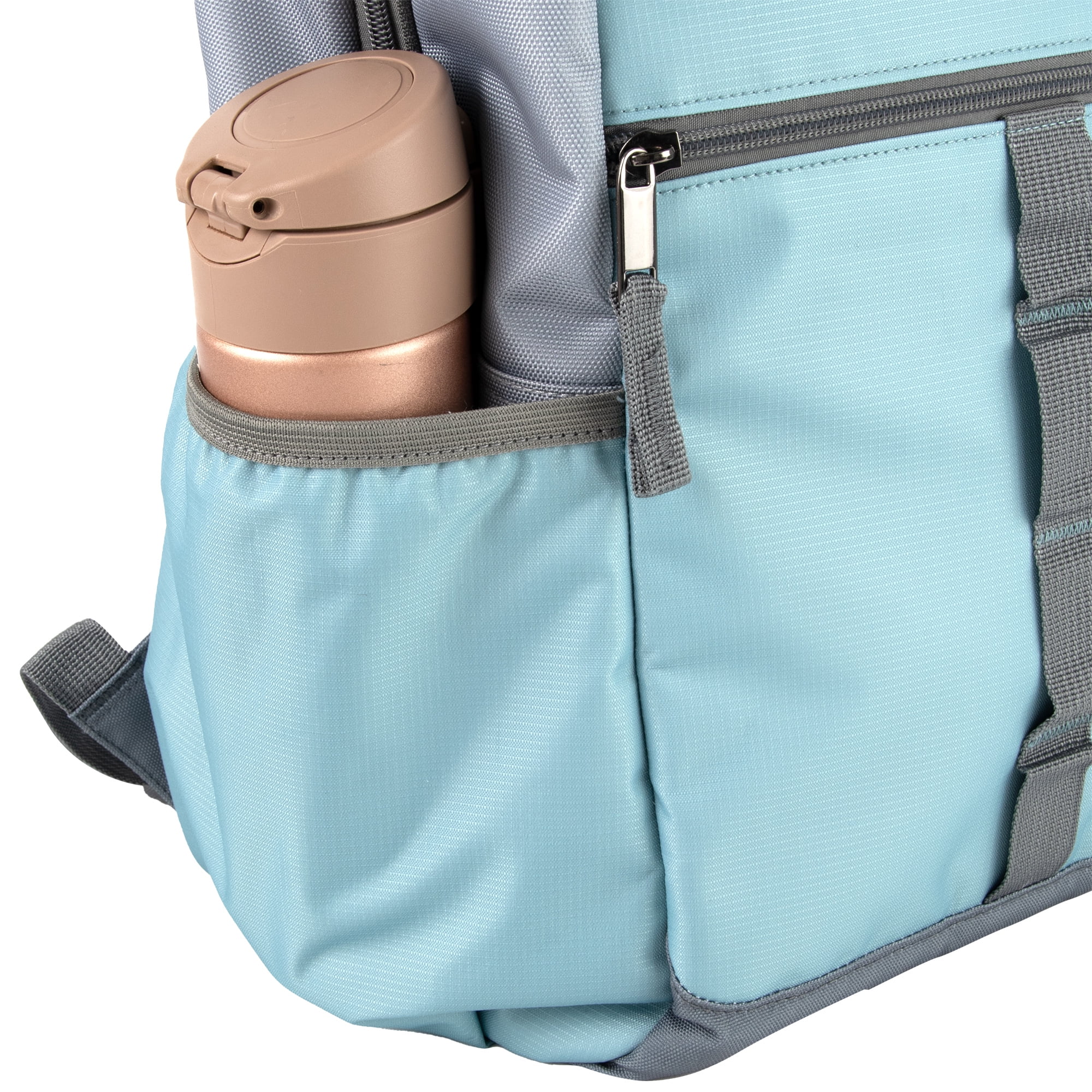 Baby Essentials Multi-Pocket Dual Zipper Closure Diaper Bag Backpack with Matching Changing Pad, Insulated Bottle Pockets and Stroller Straps in Ice Blue and Gray