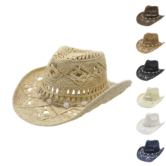 Western Style Hollow Out Cowboy Hat, Breathable Woven Wide Brim Sun Hat for Women and Men, Fashion Beach Hat for Garden Party, Country Fair and Music Festival Accessory-Navy