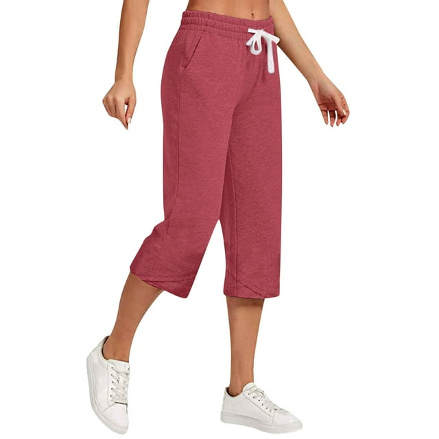 LOVZFMLL Women's Capri Pants, Drawstring Large Color Casual Versatile Loose Cropped Pants Red, 3XL