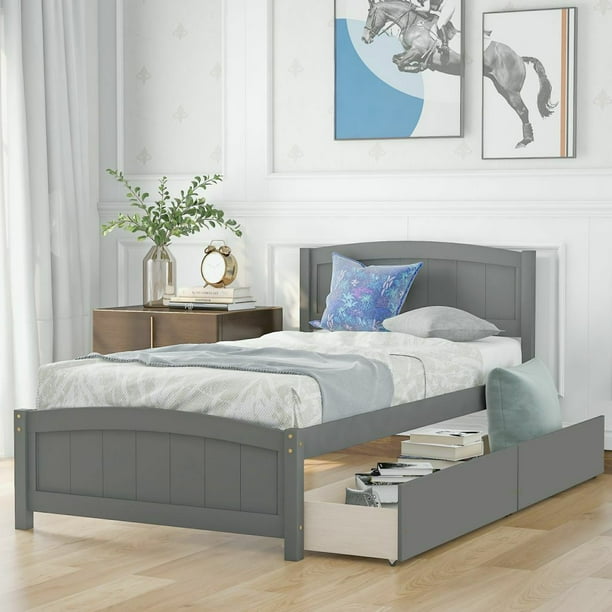 Solid Wood Captains Bed Frame,Twin Bed with Two Drawers,Solid Wood