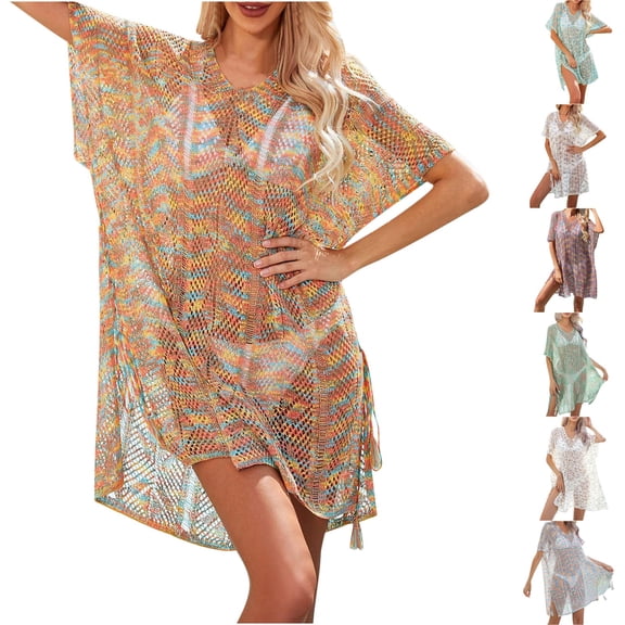 Qzwdhjm Womens Crochet Swimsuit Cover Ups Hollow Out Color Block Dress Coverup Short Sleeve V Neck Bathing Suits Cover Up with Slit for Beach Party