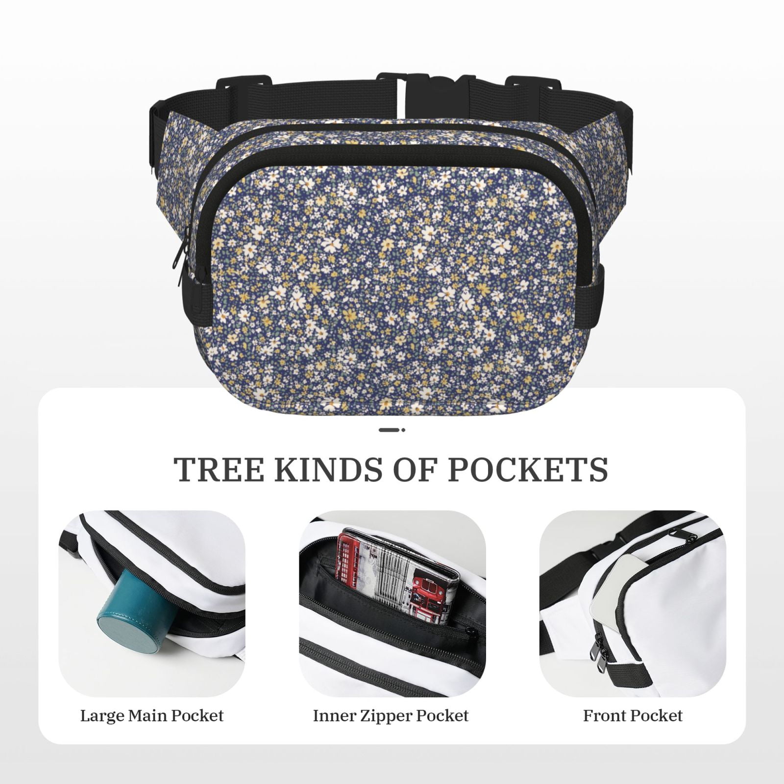 Picia Daisies Flowers Print Square Double-Layer Waist Bag Mini Adjustable Waist Belt Bag Exercise Running Travel Hiking