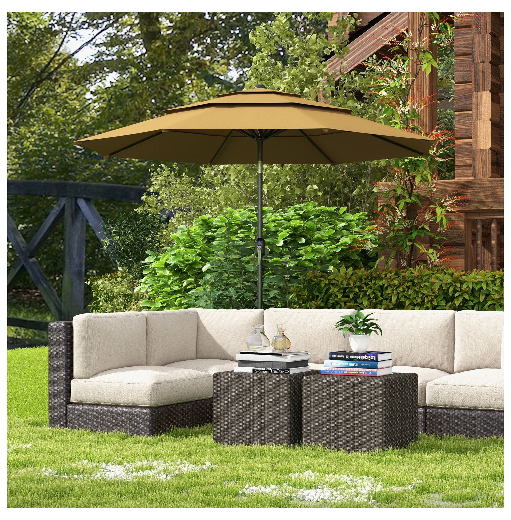 9FT Patio Umbrella Outdoor, 3-Tier Tan Crank Tilt Market Umbrella for Deck Backyard Lawn Sun Shade