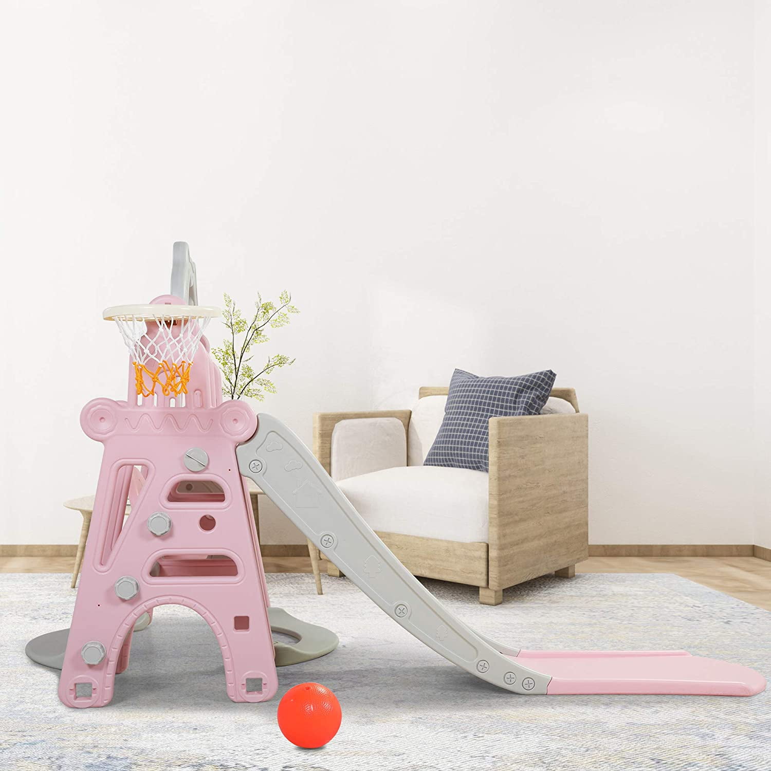 CIPACHO 3 in 1 Toddler Slide and Swing Set, Kids Play Climber Slide Playset with Basketball Hoop, Extra-Long Slide, Baby Slide for Indoor Outdoor, Pink+Gray CIPACHO 3 in 1 Toddler Slide and Swing Set, Kids Play Climber Slide Playset with Basketball Hoop, Extra-Long Slide, Baby Slide for Indoor Outdoor, Pink+Gray